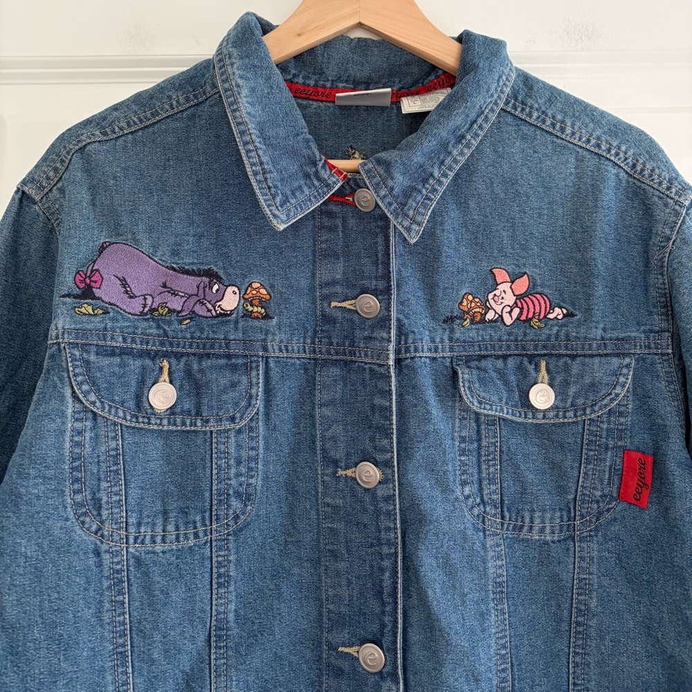 Vintage Disney Store Eeyore Denim Jacket Piglet Mushrooms Embroidery 90s Y2K L